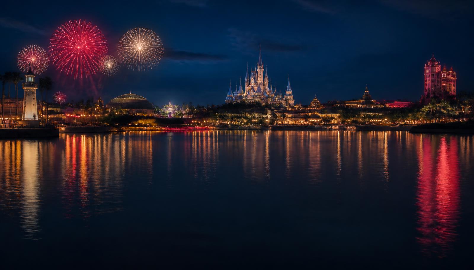 Orlando iluminada à noite com fogos refletidos na água