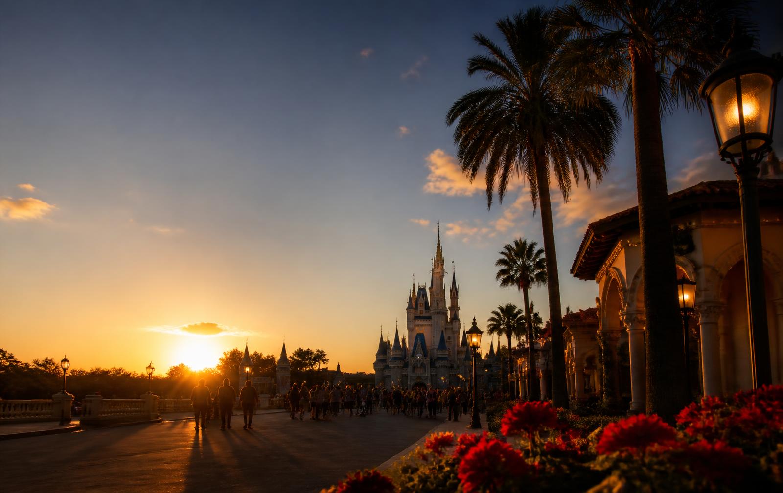 Orlando ao pôr do sol, com palmeiras e um castelo ao fundo