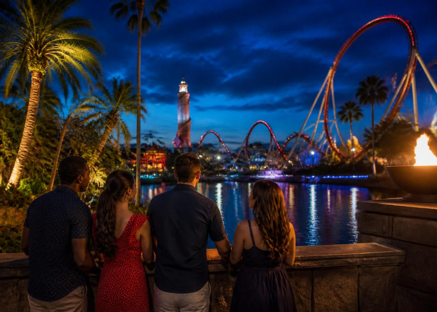 Amigos contemplando as luzes e atrações de um parque em Orlando